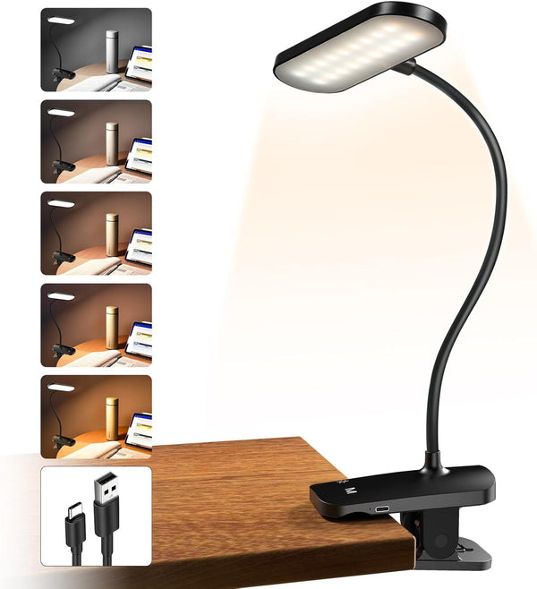 Clip on Desk Lamp, Battery Powered Reading Light with Strong Clamp, 5 Colors & Brightness, USB Rechargeable for Home