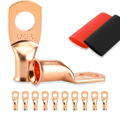 10PCS Battery Cable Ends, 6 Gauge Wire Connectors, 5/16 Copper Wire Lugs with Heat Shrink Tubing