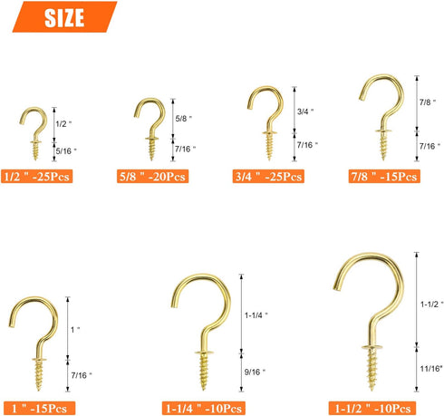 120 Pieces Cup Screw Hooks, Gold Color, Self-Tapping Screws Hooks Kit in 7 Sizes (1/2" to 1-1/2")