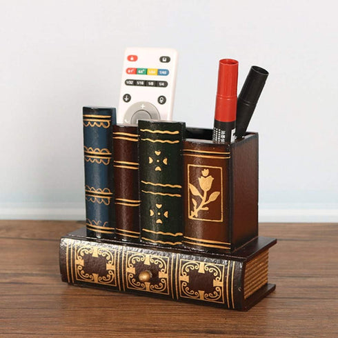 Kisangel False Book Box - Vintage Wooden Pen Pencil Storage Holder, Antique Classic Fake Book 15x13.5cm with Drawer for