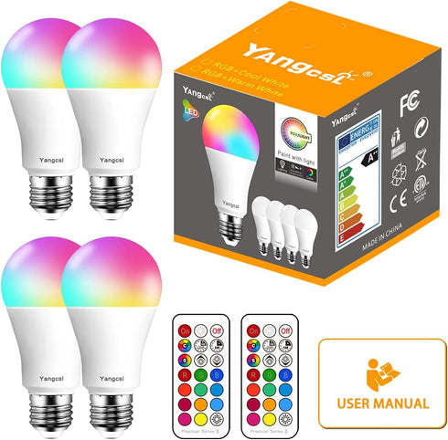 LED Light Bulbs, 70W Equivalent, RGB Color Changing, A19 E26 Screw Base, Pack of 4