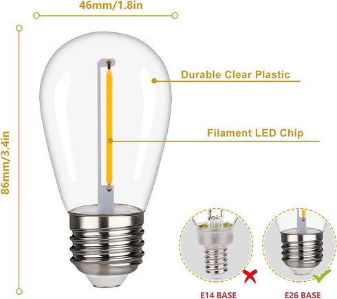 Shatterproof LED String Lights, Waterproof, Warm White 2200K, 70LM, E26 Base - 15 Pack by CLSETAIC