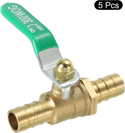 uxcell 1/2" Ball Valve, Brass Shut-off Valve Switch, Hose Barb Pipe Tube Fittings, 90 Degree Green Operation Handle, 5