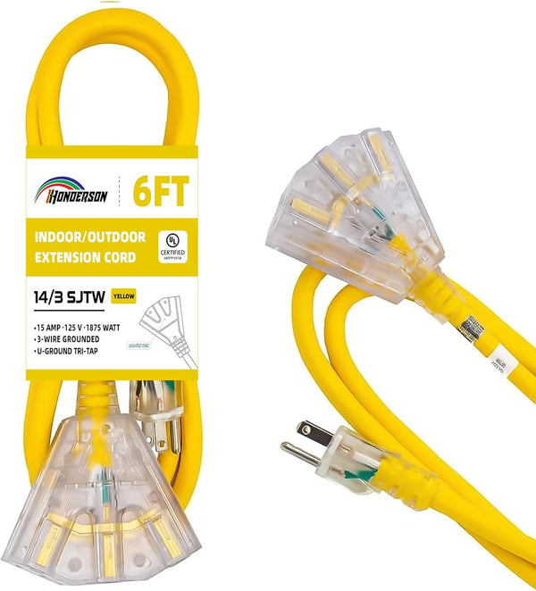 6FT Lighted Outdoor Extension Cord with 3 Power Outlets, 14/3 SJTW Heavy Duty Black Cable, UL Listed