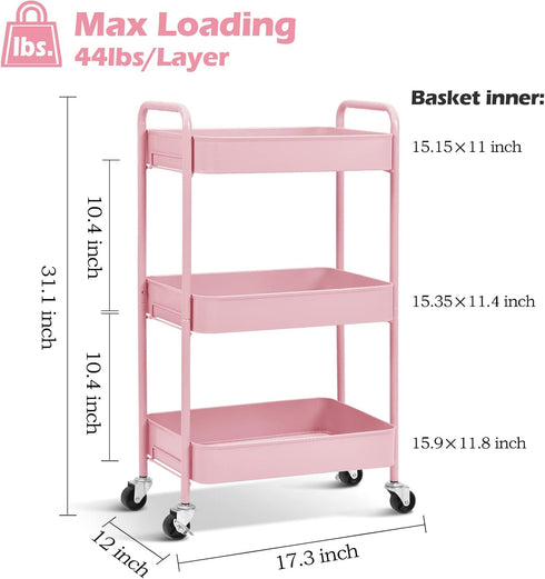 TOOLF 3-Tier Rolling Cart, Pink Metal Utility Cart with Lockable Wheels, Easy Assembly for Baby Room, Bathroom, Kids'