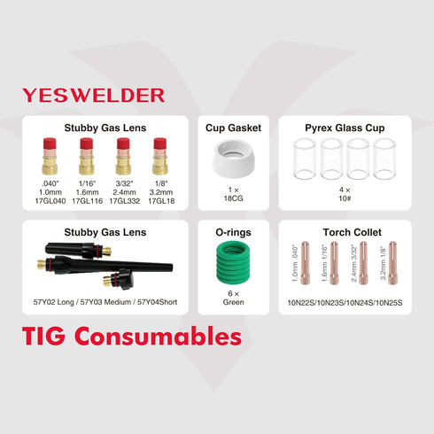 YESWELDER 22Pcs #10 Pyrex Glass Cup Kit for TIG Welding Torch Stubby Gas Lens WP-17/18/26.