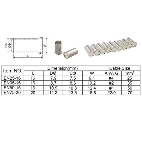 110PCS Crimp Fitting, Non-Insulated Wire Ferrules for Car Amp Clean Install, 4 Types Gauge: AWG 4,2,1,0