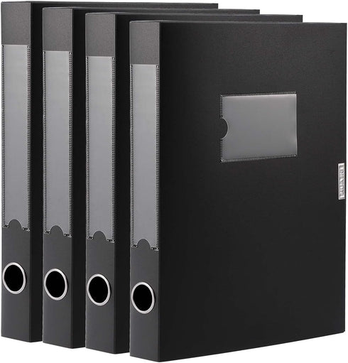 HUA JIE A4 Storage File Boxes, Foldable Plastic Archives Cases, Large Capacity, Thickened to 5.8cm, Black (Pack of 4)
