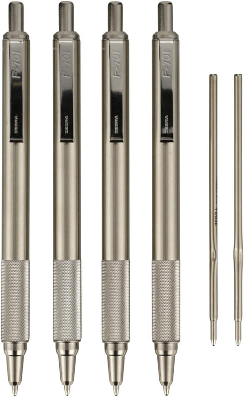 Zebra Pen F-701 Retractable Ballpoint Pen 4-Pack with 2 Refills - Fine Point 0.8mm, Black Ink, Metal Construction