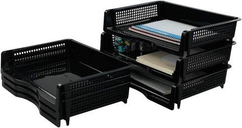 Plastic Stackable File Paper Storage Tray, Office Letter Tray, Black, 6 Pack