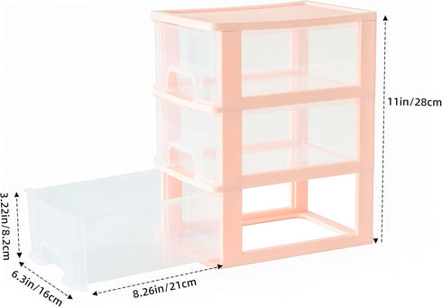 Desktop 3 Drawer Organizer - Pink Plastic Small Drawer Organizer for Office, Home, and Bathroom