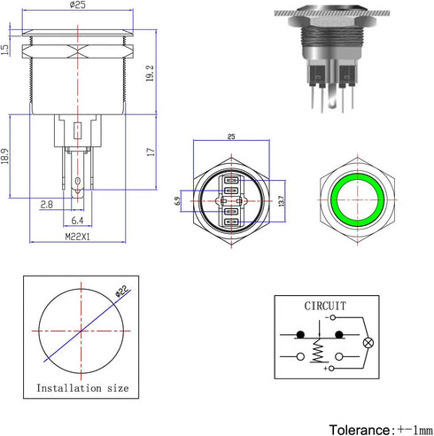 Momentary Push Button Switch U22A1, 1NO1NC Black Metal Shell with 12V Blue LED Ring