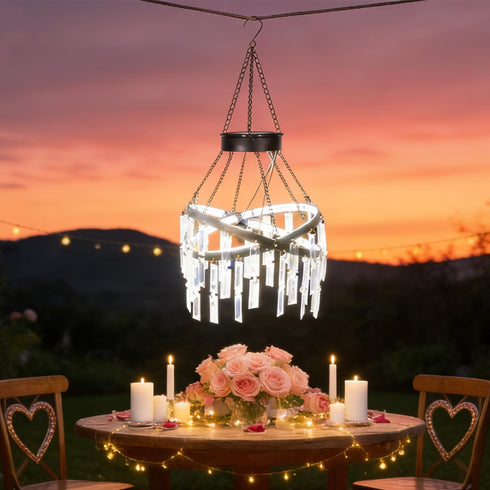 Solar Hanging Crystal Chandelier Outdoor Garden Decorative Lights Bright White 5ft LED