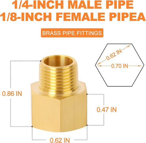 GASHER 2PCS Brass Pipe Fitting, Reducer Adapter, 1/8-Inch Male x 1/4-Inch Female Pipe