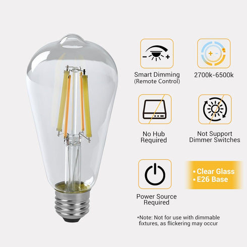 phwii Bulbs,Remote Bulb,ST64 Bulbs Control,800LM 6W (60W Equivalent),E26 Base,Dimmable 2700K-6500K, 2-Pack(2 Bulbs+1