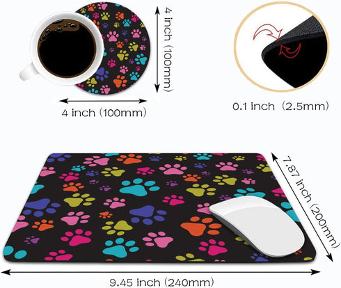 Mouse Pad and Coasters Set - Multicolor Dog Paws Mouse Pad, Non-Slip Rubber Base for Office