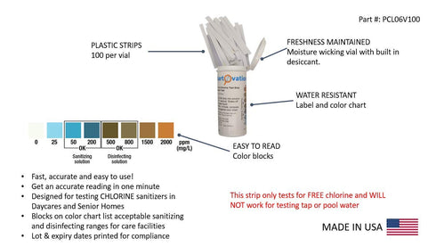 100 PK Plastic Active Chlorine Bleach Test Strip, High Level Up to 2000ppm for Sanitizers and Disinfectants Designed for DAYCARES & Senior Homes