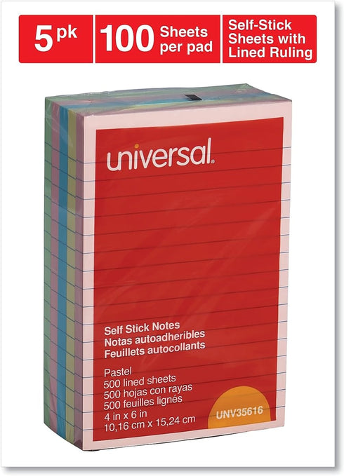 Universal UNV35616 100 Sheet Lined 4 in. x 6 in. Self-Stick Note Pads, Assorted Pastel Colors (5/Pack)