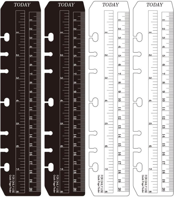 JKJF 4 Pcs Plastic Page Marker Snap-in Bookmark Ruler for A5 Size 6-Hole Notebook Filler - Clear & Black