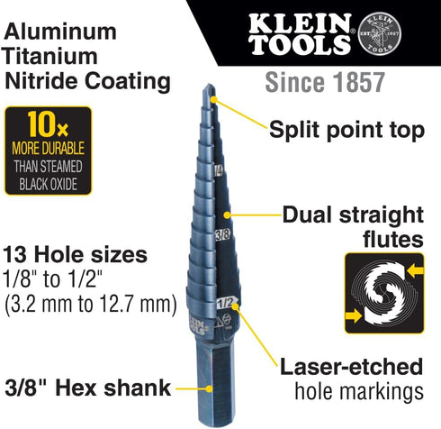 Klein Tools KTSB01 Step Drill Bit Double-Fluted #1, 1/8 to 1/2-Inch with Hex Shank