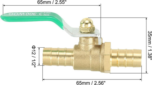 uxcell 1/2" Ball Valve, Brass Shut-off Valve Switch, Hose Barb Pipe Tube Fittings, 90 Degree Green Operation Handle, 5