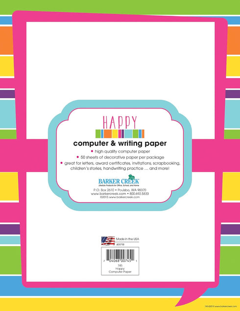 Barker Creek Happy Bright Stripes Computer Paper - 8-1/2 x 11 Inches - 50 Sheets