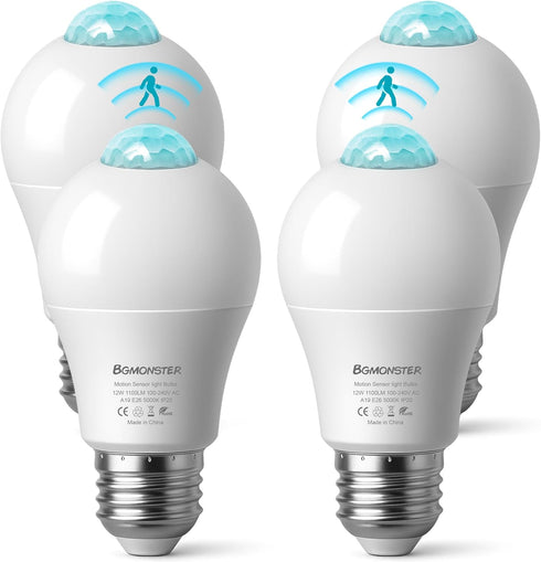 Bgmonster 4-Pack Motion Sensor Light Bulbs, 12W(100W Equivalent), Movement Security LED Bulb(Energy Efficient)