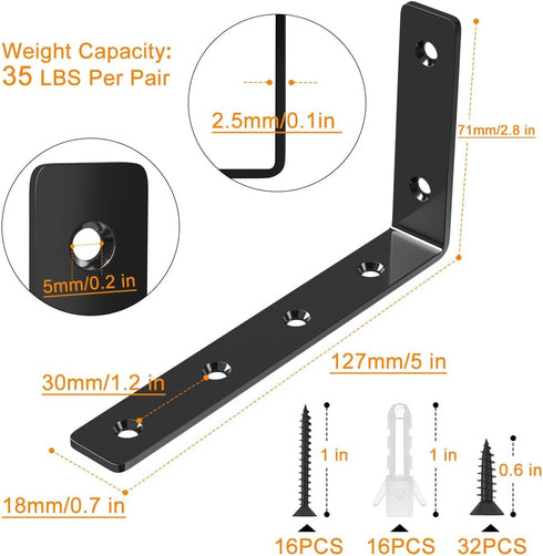 8 Pack 5" 3" LuckIn Shelf Bracket, x L Brackets for Shelves, Heavy Duty Stainless Steel Angle Bracket Corner Brace