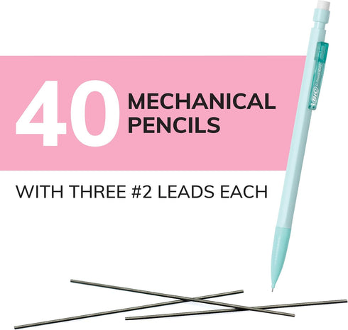 BIC Xtra-Smooth Mechanical Pencils, 40-Count Pack, Medium Point (0.7mm), Pastel Erasers, Bulk School or Office Supplies