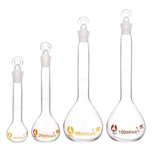 OLYCRAFT 4pcs Volumetric Flask Set, 10ml/25ml/50ml/100ml with Glass Cap for Laboratory Projects