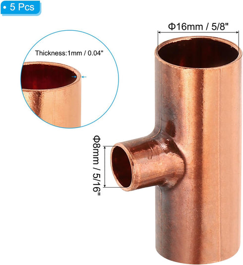PATIKIL 5/8" x 5/16" x 5/8" ID Reducing Tee Copper Fitting, 5pcs 99.9% Pure Copper Pipe Connector