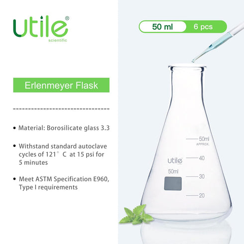Utile Glass Erlenmeyer Flask Set, 50ml Narrow Mouth Erlenmeyer Flasks, 6pcs of Borosilicate 3.3 Glass Conical Flasks for Laboratory with Printed Graduation, 4016.0050.6