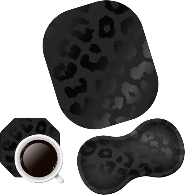 Black Leopard Ergonomic Wrist Rest Pad + Cute Mouse Pad + Cup Coaster, 3Pcs Memory Foam Desktop Supply Set for Office