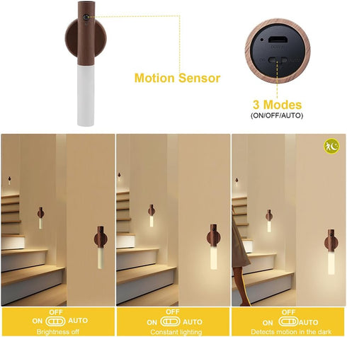 1PC) LANDGOO Wooden Motion Sensor Night Lights Magnet Body Sensor Hallway Night Lights Rechargeable Led Light Portable