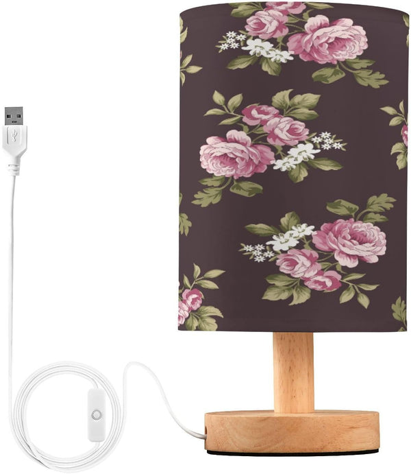 ALAZA Pink Rose Floral on Black Background Table Lamp for Bedroom USB