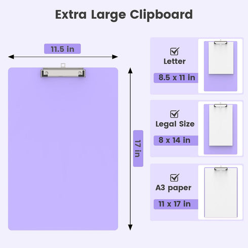 Set of 6 Extra Large 11x17 Clipboards, Plastic Drawing Boards with Horizontal & Vertical Low Profile Clip for Art