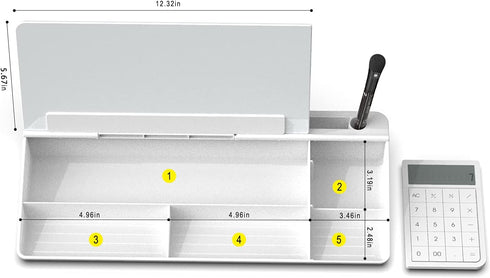 TOWON Desktop Glass Whiteboard with Basic Calculator, 12 Digit LCD Display, Desk Organizers, White, 18'' x 6''