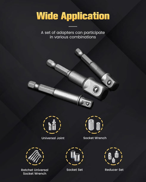 BOEN Impact Grade Socket Adapter Set, 3-PCS Drill Bit Adapter with 1/4", 3/8", 1/2" Sizes for Cordless Drill