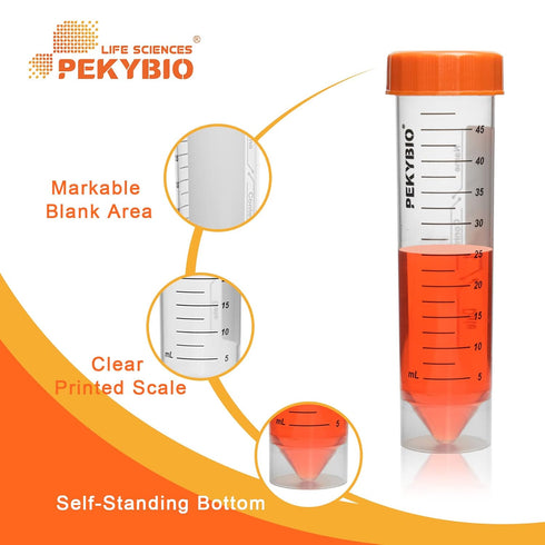 50ml Centrifuge Tubes Self-Standing Sterile Plastic Graduated Test Tube with Screw Cap, Pack of 25