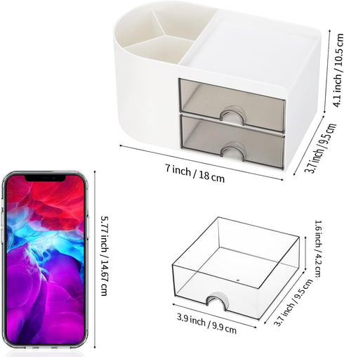 LETURE Desk Organizer Caddy with Drawer, White Office Supplies Holder for Business Cards, Pens, and Stationery