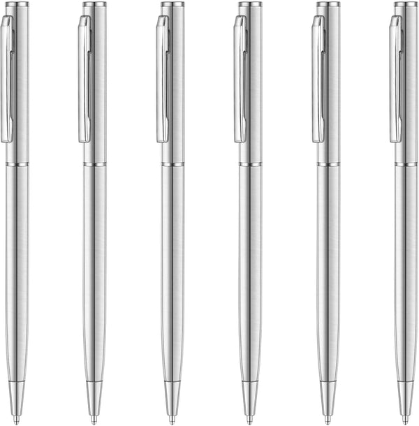 Unibene 6 Pack Slim Stainless Steel Retractable Ballpoint Pens, Medium Point (1 mm) - Black Ink Gift Set