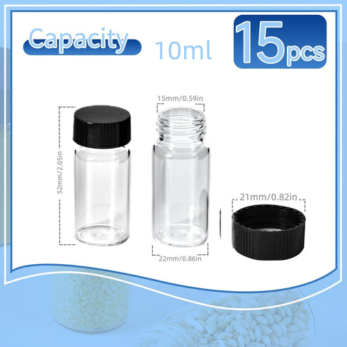 15 PCS 10ML Borosilicate Glass Vials, Small Liquid Sample Vials with 18-400 Black Screw Caps