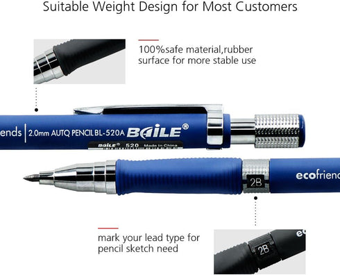 Baile 2.0mm 2B Mechanical Pencil with Lead Refill, BLUE, Sharpener in the Cap
