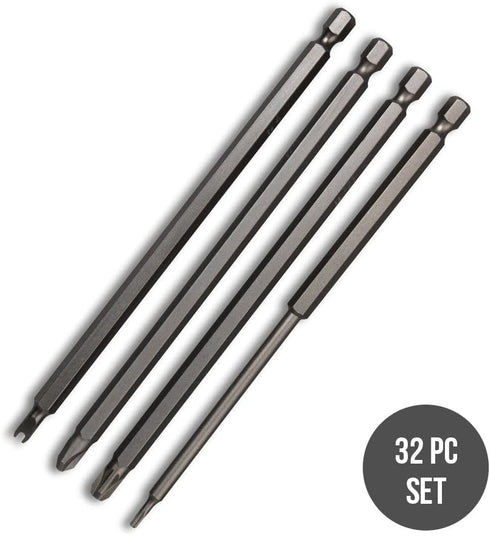 NEIKO 10224A 32 Piece Extra Long Security Bit Set, 1/4" S2 Steel 6” Long Torx, Tamper Proof, PoziDriv, Spanner, Tri-Wing