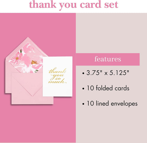 Set 10 kate spade new york Blank Thank You Cards, Stationery with Cards and Envelopes, Pink Gratitude Notecards