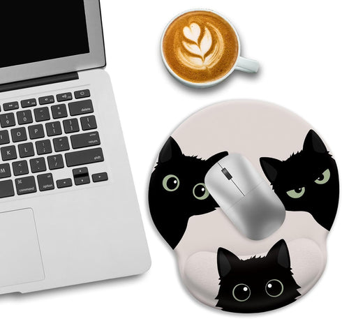 Funny Cat Mouse Pad, Ergonomic with Wrist Rest, Gaming Mouse Pad with Non-Slip Pain Relief PU Base, Black