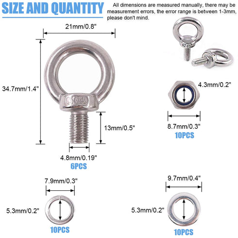 Glarks 36Pcs 304 Stainless Steel M5 Male Thread Machinery Shoulder Lifting Ring Eye Bolt Set with Lock Nuts/Lock Washers
