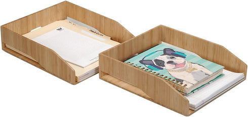 MobileVision 2 Pack Stackable Bamboo Paper Tray, Office Organizer for Files, Documents, Letter Sorter, and Magazine