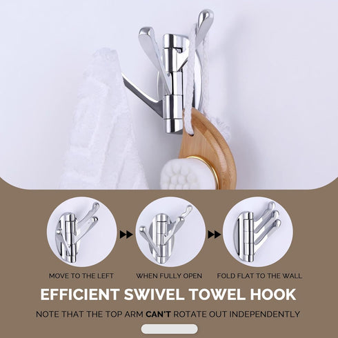 Angle Simple Towel Hook Chrome 2 PCS, Metal Swivel Folding Bathroom Hook, Heavy Duty Clothes Robe Holder for Wall Mount