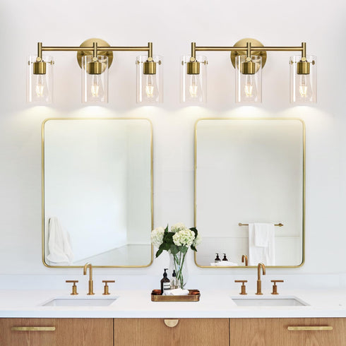 3-Light Indoi Bathroom Light Fixtures, Brass Vanity Light, Black Bathroom Lights Over Mirror with Clear Glass Shade